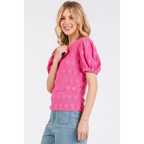 Mittoshop Flower Stamp Pattern Round Neck Puff Sleeves Texture Knit Top | Pink - Picture 4 of 5
